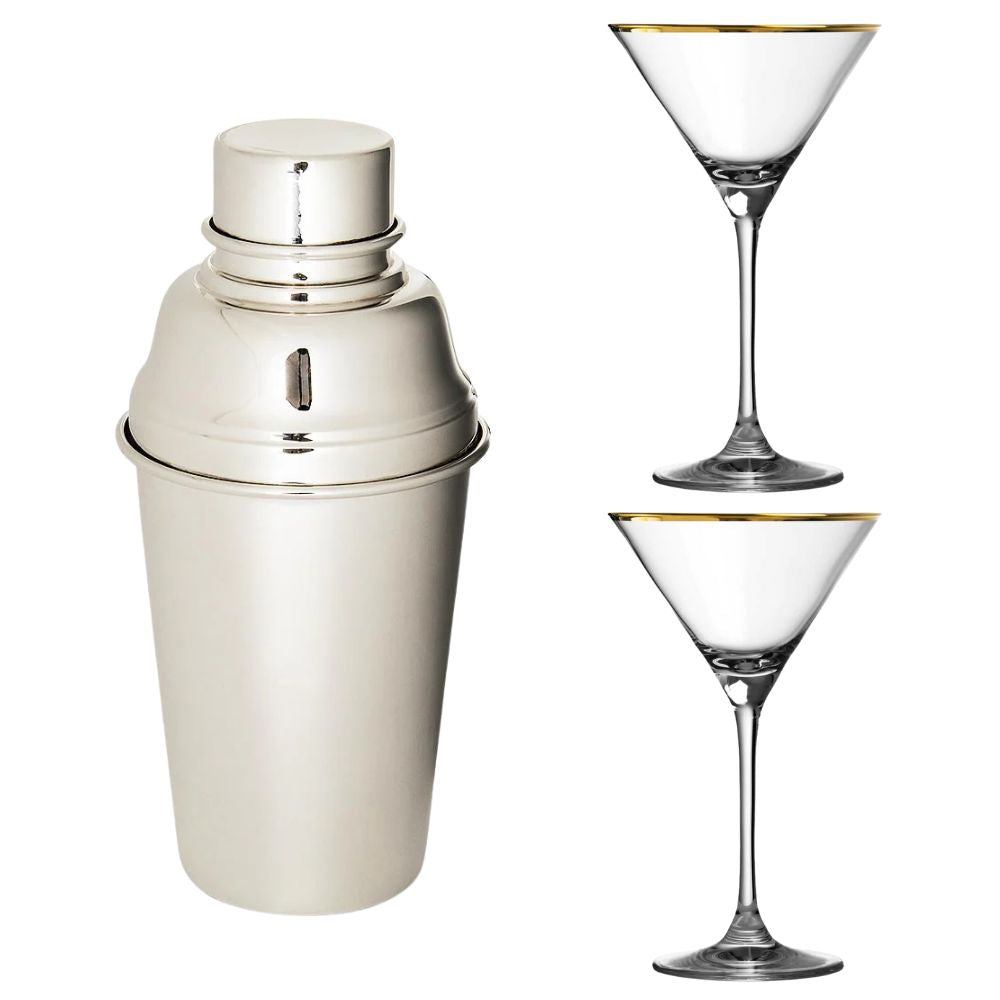 Luxurious Silver Shaker and Gold Rim Glass Set