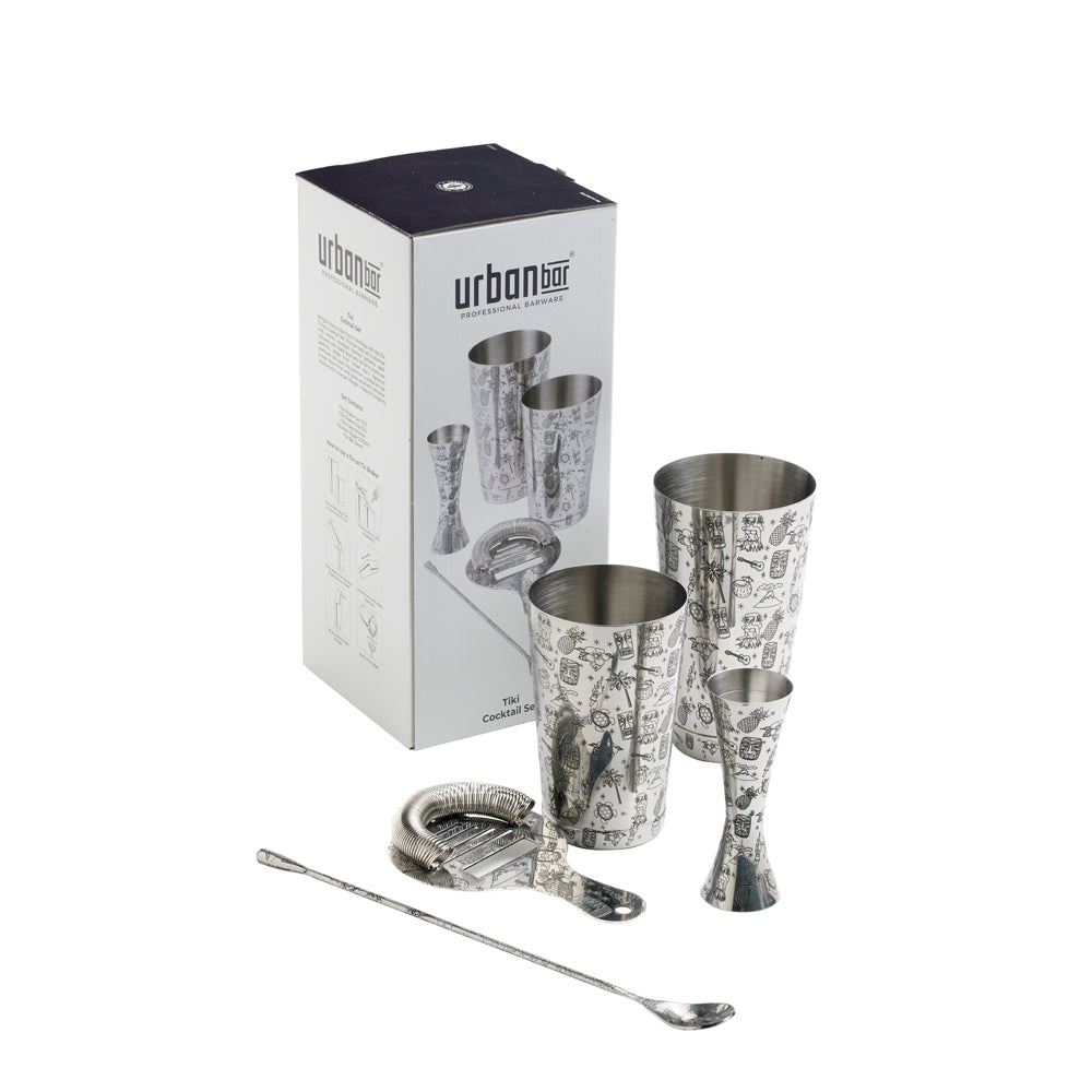 Tiki Stainless Steel 5 Piece Cocktail Set Tin-on-Tin Shaker, Jigger, Spoon and Strainer